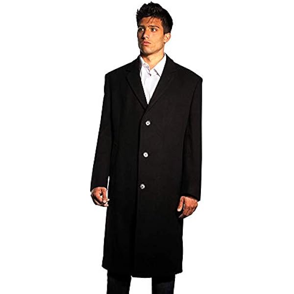 Lucasini Mens Black Wool Long Peak Lapel Overcoat Warm