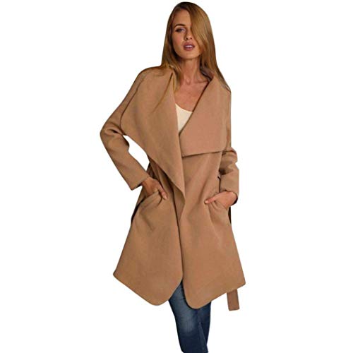 Elogoog Women's Casual Open Front Cardigan Wide Lapel Woolen Trench Coats with Belt (XXL, Khaki) - Thumbnail 6