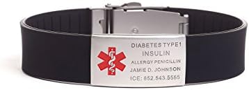 Free Engraving-Stainless Steel and Rubber Medical Alert Id Bracelet For Men and Women,Black