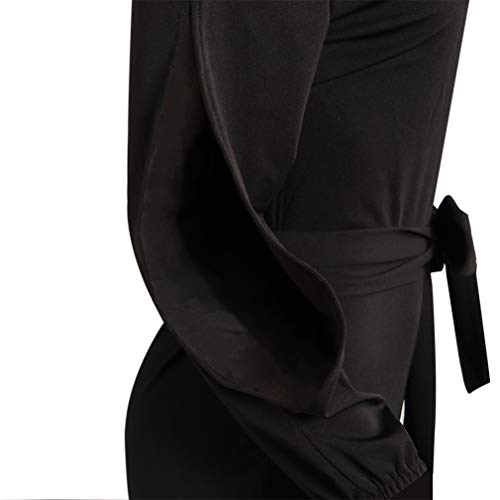 VLUNT Women's Elegant One Shoulder Jumpsuit Slit Long Sleeve High Waisted Wide Leg Long Pants Romper with Belt - Thumbnail 3