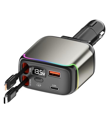 XXZU 137W Retractable Car Charger, 65W USB C Fast Charging with Dual Retractable Cables, 2 Charging Ports, Voltage Display, Cigarette Lighter, 4-in-1 Car Charger Adapter for iPhone/Android/iPad/Laptop