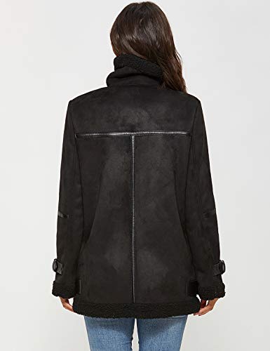 Escalier Women's Winter Lapel Faux Suede Leather Jacket with Sherpa Fleece Lining Black XL - Thumbnail 5