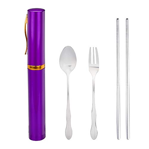 Portable Folding Travel Dinnerware Set Stainless Steel Tableware Camping Tools Reusable Lunch Cutlery Fork Spoon Chopsticks Set (Purple)
