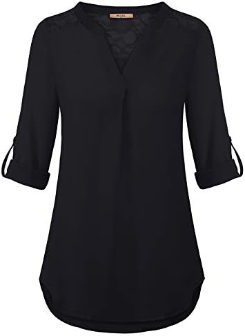 MCKOL Women's 3/4 Sleeve V Neck Chiffon Floral Lace Blouse Casual Shirt for Work