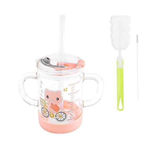 Qchomee Kids Glass Milk Measure Cup 300ml Heat-Resistant Leakproof Water Bottle Travel Mug Tumbler with Double Handle for Kids Age 3+