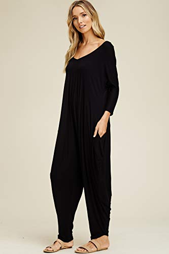 Annabelle Women's Long Sleeve Comfy Harem Jumpsuit Romper with Pockets Black Small J8002