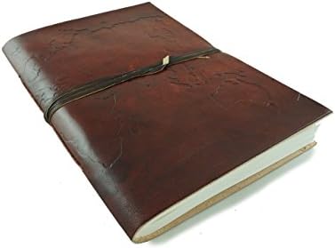 World Map Travel Brown Leather Journal Diary 8" x 6" Handmade Paper 70 Pages
