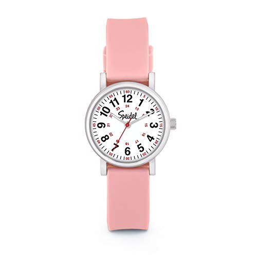Speidel Womens Light Pink Scrub Petite Watch for Medical Professionals Easy to Read Small Face, Luminous Hands, Silicone Band, Second Hand, Military Time for Nurses, Students in Scrub Matching Colors