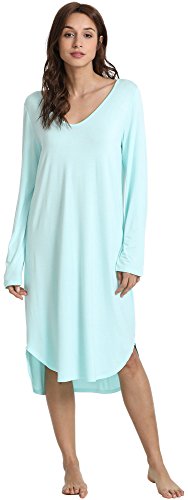 GYS Women's Long Sleeve Nightgown V Neck Sleep Shirt, Aqua, Medium