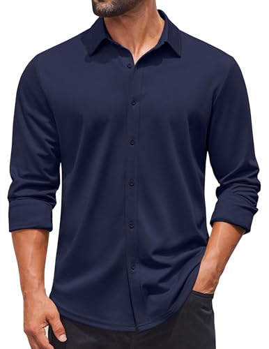 COOFANDY Long Sleeve Shirts for Men Button Up Untucked Shirt Wrinkle Free Casual Shirts Navy Blue at Amazon