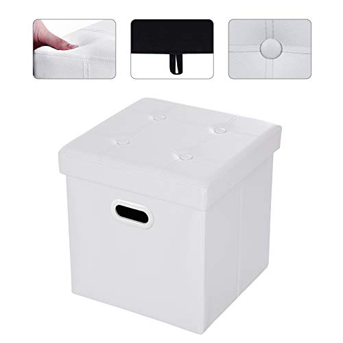 SONGMICS Faux Leather Folding Storage Ottoman Cube Foot Rest Stool Seat W' Hole Handle 15" x 15" x 15" White ULSF30W - Thumbnail 5