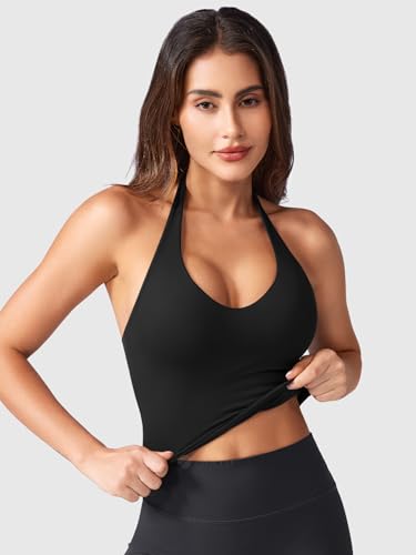 ZAAYO Halter Neckline Tank Top Women's Deep V Padded Crop Top Women's Sports Tops Summer Basic Sexy Sleeveless Summer Tops