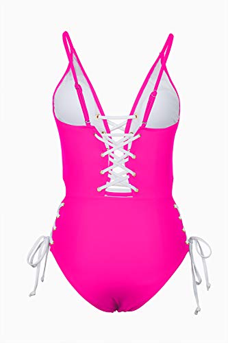 Almaree Woman Deep V Neck Criss Cross High Waist Bathing Suit 1 Piece Bikini Rosy S - Thumbnail 5