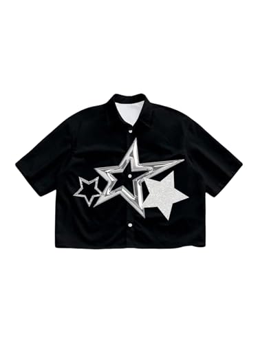 GORGLITTER Men's Lips Graphic Button Down Cropped Shirt Y2k Short Sleeve Collar Boxy Going Out Tops Streetwear Black Small at Amazon