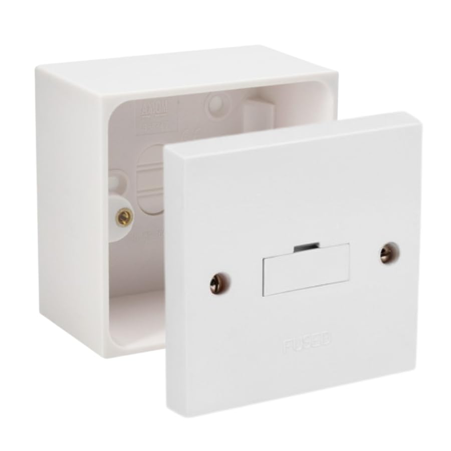 Fused Spur Side Flex 13Amps White Electrical Connection Unit - Optional Neon Indicator, Single 25/35/45mm Pattress Back Box Surface Mounted 1 Gang (Fused Spur SET 45mm Box)