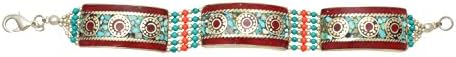 Tibetan Handcrafted Silvertone Turquoise and Red Coral Bar Bracelet, 7.5"