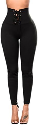 Mushuji Women Black High Waist Lace-Up Stretchy Cincher Sports Yoga Leggings Workout Tights Yoga Pants Slim Fit