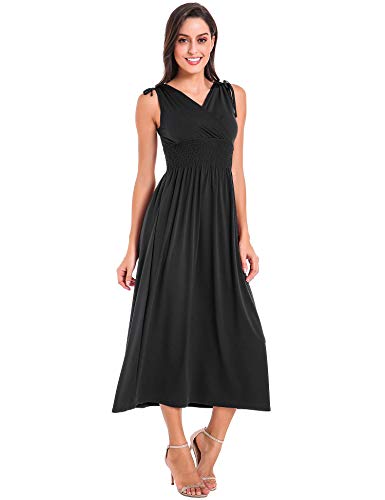 Le Vonfort Women\'s Shoulder Tie Knotted Empire Waist Pure Color Maxi Beach Dress Black Medium