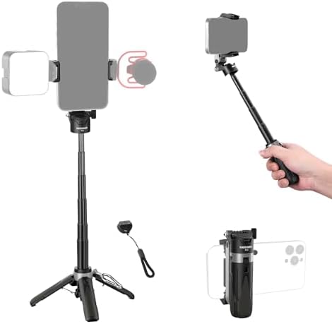 NEEWER Selfie Stick with Detachable Bluetooth Remote Shutter, Lightweight Foldable Travel Tripod for iPhone for YouTube/TikTok Vlogs Live Streaming Photography, Black, P15