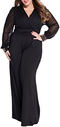 Missrooney Hot Selling Woman Wide Leg Elegant Jumpsuits Black Embellished Cuffs Long Mesh Sleeves Jumpsuit Combinaison Femme