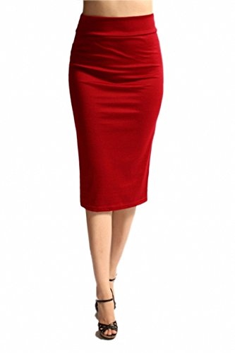Sassy Apparel Womens Comfortable Elastic Below Knee Fashion Pencil Skirt (Large, Red)
