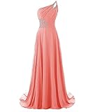 DianSheng Women's One Shoulder Beadings Chiffon Bridesmaid Long Prom Dresses Coral US4