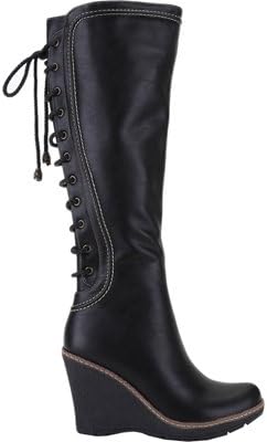 Women's 'Camuy' Stitching Back Lace Knee-High Wedge Boots Black