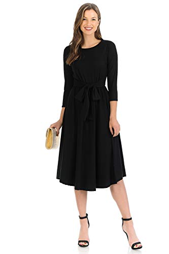 iconic luxe Women's A-Line Midi Dress with Waist Tie Small Black