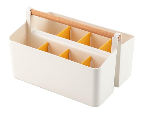 Vidifor Large Portable Caddy Tote with Handle, Plastic Craft Storage Organizer Basket with Adjustable Divided for Art Supplies, Sewing, Colored Pencils, Makeup-Yellow