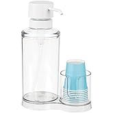 mDesign Plastic Refillable Mouthwash Dispenser and Cup Storage Organizer for Bathroom Vanity, Countertop, Cupboard - Includes 8 Paper Cups - Lumiere Collection - Clear/Matte White