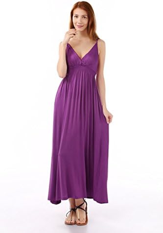 SeeU29 Women's Bohemian Plunge V Neck Versatile Solid Color Maxi Dress Purple M