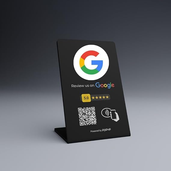 NFC and QR Code Display Plate for Google Reviews, TripAdvisor, Trustpilot | Black Acrylic Resin Counter Stand, iOS and Android Compatible, No App