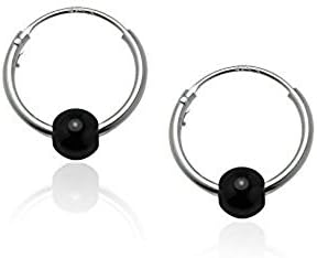 Silverline Jewelry- Pair of 925 Sterling Silver Small Endless Hoop Earrings with Simulated Hematite Ball,12mm