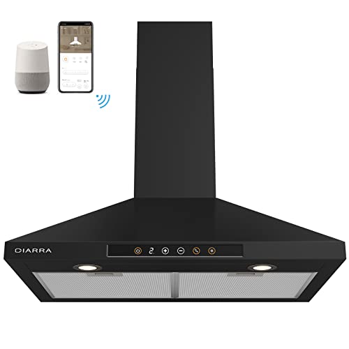 Black Range Hood 30 inch with Voice Control, Wall Mount Range Hood Compatible with Alexa/Google Home/Smart Life Assistant, Stove Vent Hood for Kitchen with 3 Speed Exhaust Fan, CAB75206W