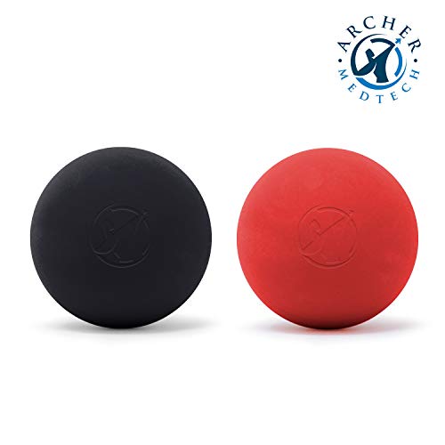 Lacrosse Ball Massage Ball 2 Pack, 2 Muscle Roller Massage Balls for Physical Therapy, Yoga, Crossfit, Myofascial Release, Archer MedTech Brand (Black, Red)