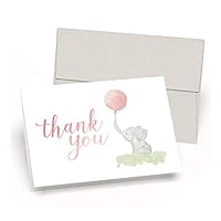 Beautiful Baby Shower Thank You Cards (Set of 10 Cards + Envelopes) - Watercolor Elephant & Pink Balloon - by Palmer Street Press