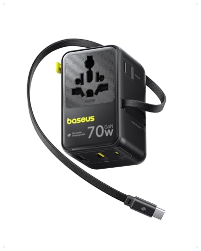 Baseus Enercore 70W Reiseadapter Weltweit mit Ausziehbarem Kabel, Universal Reisestecker mit 2AC+2USB A+USB C, Internationaler Steckdosenadapter, für