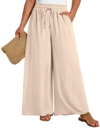 Hisanny Womens Plus Size Linen Pants Wide Leg Palazzo Trousers