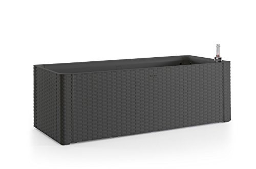 XL Pflanzkasten rechteckig im Rattan-Design aus Kunststoff in Anthrazit. Mit Wasserspeicher und Wasserstandsanzeige…
