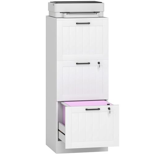 HOMCOM 3 Drawer File Cabinet with Lock, Vertical Filing Cabinet with Adjustable Hanging Bars for A4 and Letter Size File Folders, Printer Stand with Storage for Home Office, White