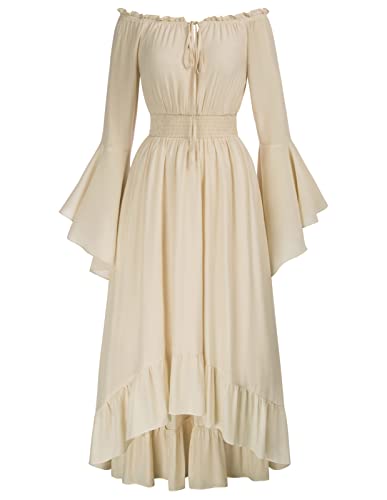 Damen Cottagecore Dress Mittelalter Vintage Trompetenärmel Hohe Taille Elfen Kostüm Aprikose S