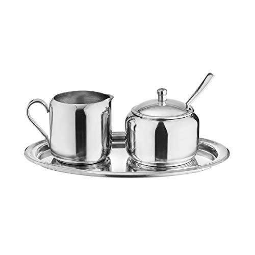 BUTLERS Milch- und Zucker-Set RITZ - Milchkännchen und Zuckerdose mit Löffel und Deckel auf Tablett - 5-tlg. Set aus Edelstahl, spülmaschinengeeignet