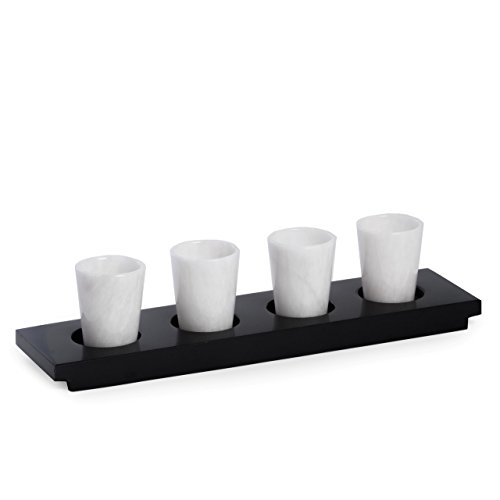 Hand Crafted 4 White Solid Marble Shot Glasses on Black Marble Serving Tray Set