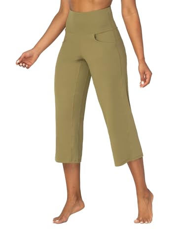 SUNZEL WIDE LEG CAPRI PANTS FOR WOMEN, HIGH WAISTED YOGA PANTS WITH POCKETS, TUMMY CONTROL LOOSE CASUAL CROPPED FLARE PANTS 23″ OLIVE GREEN LARGE