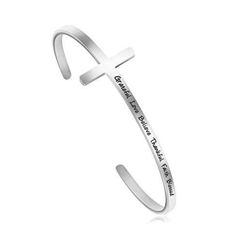 MEMGIFT Cross Bracelet Religious Cuff Bangle Bible Verse Jewelry Gift for Women Engraved Grateful Love Believe Thankful Faith Blessed