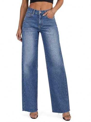 AIMNEWS Straight Leg Jeans For Women Mid Waisted Stretchy Pants Pockets at Amazon