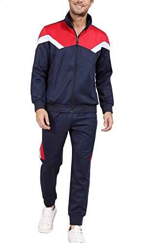 LUCKYOUNG Men’s Causal Tracksuits Set 2 Piece with Full Zip Jogging Running Sweatsuit Dark Blue Red Small