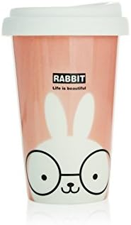 UPSTYLE Cute Coffee Mug Lovely Mug Lover Ceramic Travel Mug Tumbler with Silicone Lid To Go Coffee Cup for Tea and Coffee Reusable Animal Mug Eco Travel Cup Bamboo Cup, 13.5oz (Coral Rabbit)