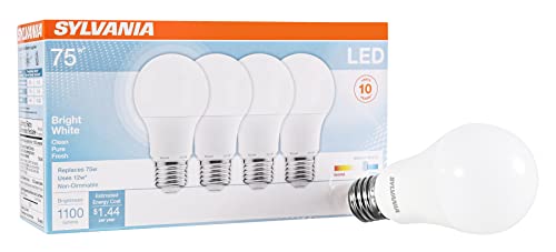 SYLVANIA LED A19 Light Bulb, 75W Equivalent, Efficient 12W, Frosted Finish, 1100 Lumens, Bright White - 4 Pack (78099)