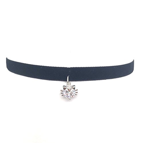 Gintan Black Velvet Choker Necklace with Cubic Zirconia Cat Pendant, 12